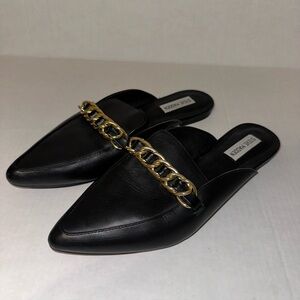 Steve Madden Faine Black Leather Pointed Toe Women’s 11 Chain Detail Flat Mules